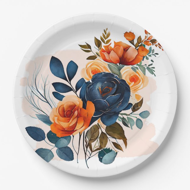 Assiettes En Carton Mariage Navy Blue and Orange Peony (Devant)