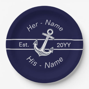 Assiettes En Carton Mariage personnalisé Ancre nautique bleu marine