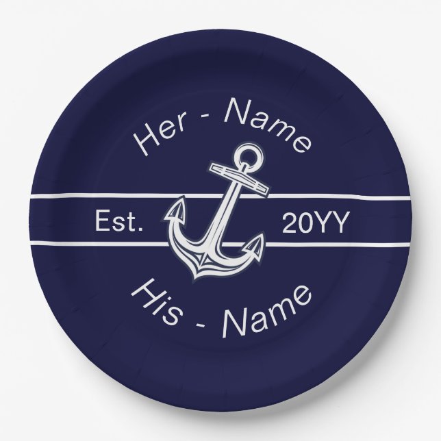 Assiettes En Carton Mariage personnalisé Ancre nautique bleu marine (Devant)