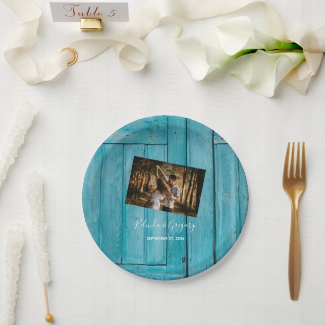 Assiettes En Carton Mariage photo en bois bleu rustique (Mariage)
