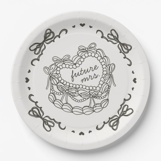 Assiettes En Carton Mariage rétro cœur coquette gâteau beige noeud (Devant)