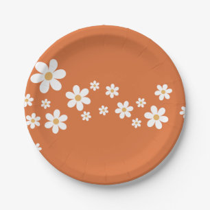 Assiettes En Carton Mariage rétro daisy orange brûlé