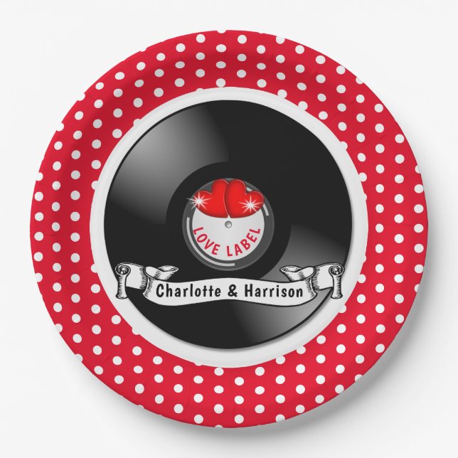 Assiettes En Carton Mariage Retro Rockabilly Hearts (Devant)