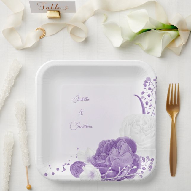 Assiettes En Carton mariage romantique blanc & violet (Mariage)