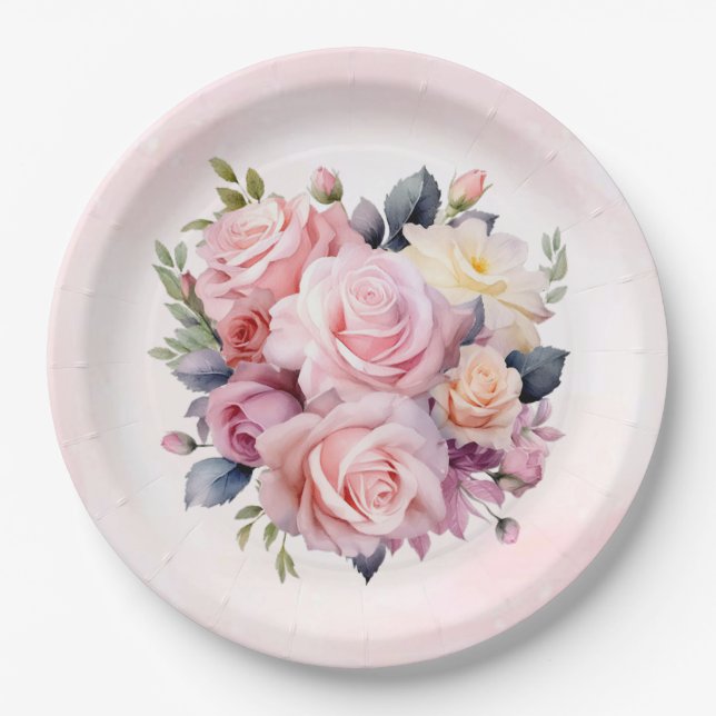 Assiettes En Carton Mariage Rose aquarelle (Devant)