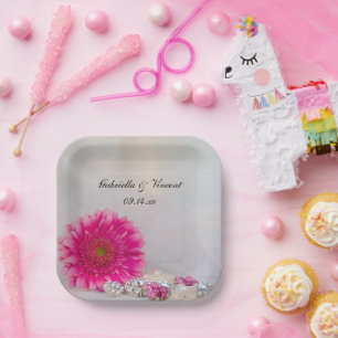 Assiettes En Carton Mariage rose Gerbera Daisy et boutons