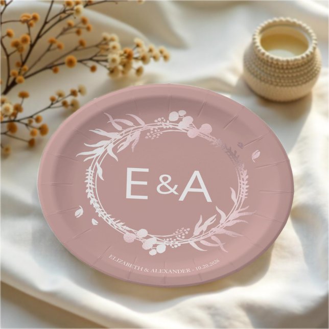 Assiettes En Carton Mariage rose Monogramme Faux Foil (Créateur téléchargé)