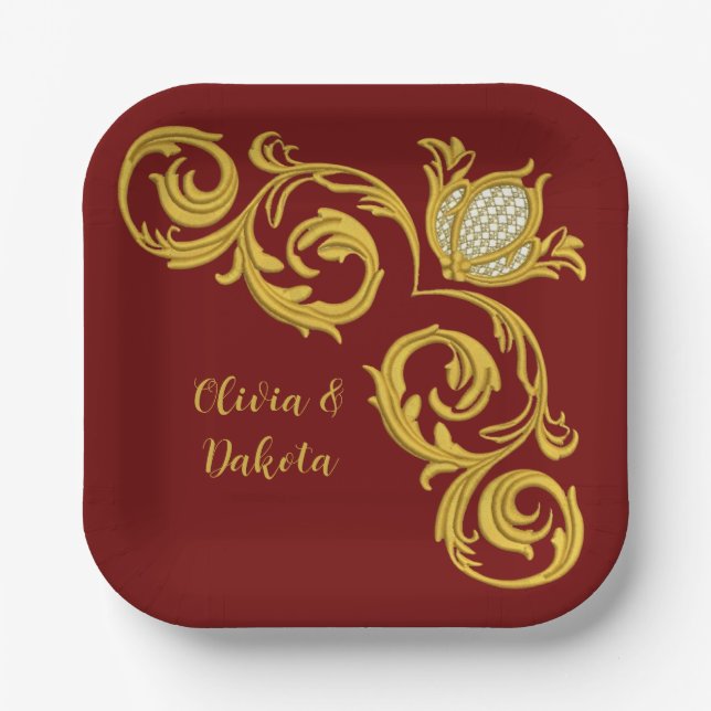 Assiettes En Carton Mariage royal de la Couronne rouge et or (Recto)