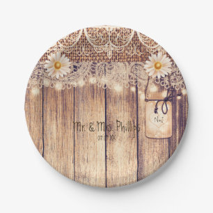 Assiettes En Carton Mariage Rustique avec Pots Mason Illuminés Fleurs 