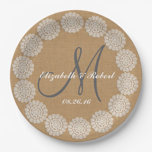 Assiettes En Carton Mariage rustique Burlap Monogramme Noms Dentelle (Devant)