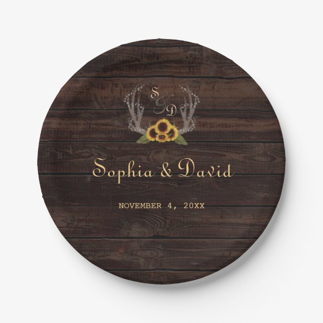 Assiettes En Carton Mariage rustique Sunflower Antlers (Devant)