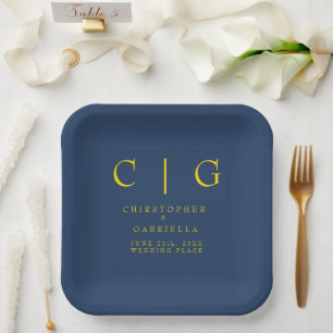 Assiettes En Carton Mariage simple et formel bleu marine et or