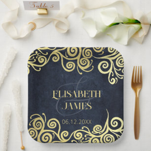 Assiettes En Carton Mariage Sophistiqué Blue Gold Swirls