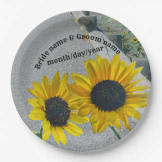 Assiettes En Carton Mariage sur plaque papier avec 2 tournesols