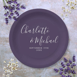 Assiettes En Carton Mariage Violet Élégant Signature Script