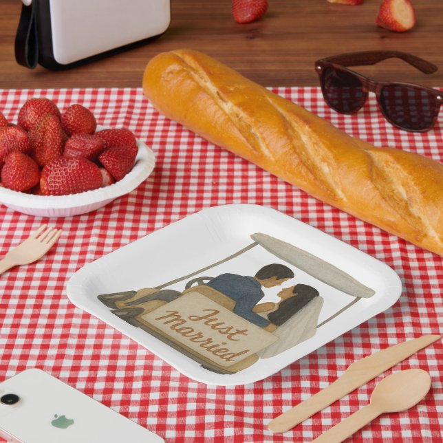 Assiettes En Carton Marié et marié dans un panier de golf (Pique-nique)
