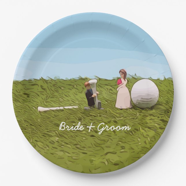 Assiettes En Carton Mariée de golf et marié avec Mariage de balle de g (Devant)