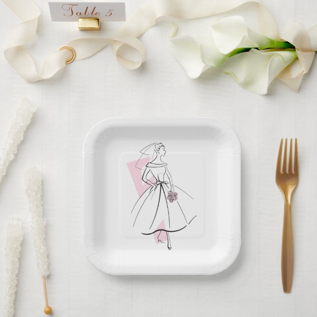 Assiettes En Carton Mariée de mode rose carré (Mariage)