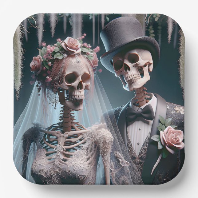 Assiettes En Carton Mariée et marié d'Halloween (Recto)
