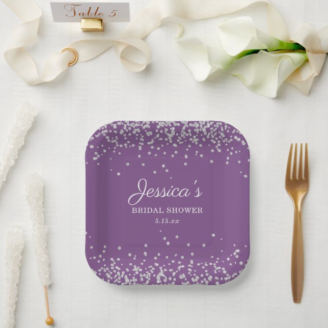 Assiettes En Carton Mariée Paillettes Argent Violet Fête de Mariage  (Mariage)