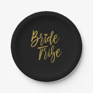Assiettes En Carton Mariée Tribe Faux Gold Foil et Noir avec coeur