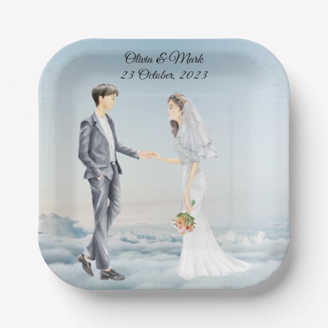 Assiettes En Carton Mariés Personnalisés Élégants Mariage (Recto)