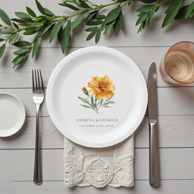 Assiettes En Carton Marigold Wedding Elegant Floral Fall (Marigold Wedding Elegant Floral Fall Paper Plates)
