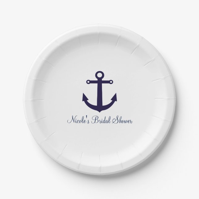 Assiettes En Carton Marine Ancre Bleue Nautique Élégante Plaques de fê (Devant)