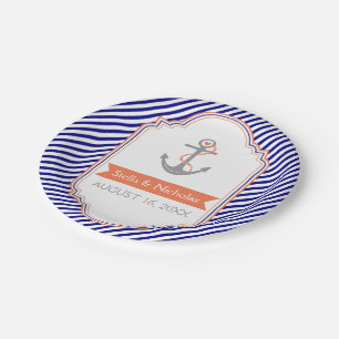 Assiettes En Carton Marine bleu, ancre de corail blanc mariage nautiqu