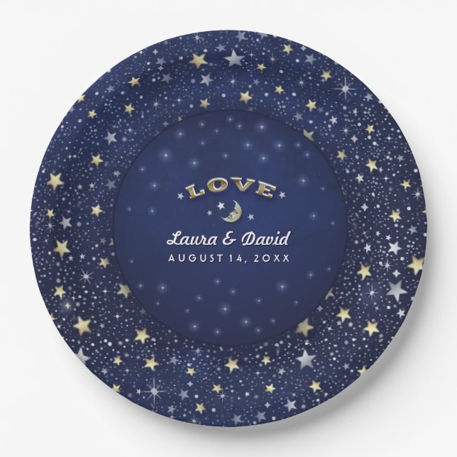 Assiettes En Carton Marine Bleu Blanc & Or AMOUR Lune & Étoiles Mariag (Devant)