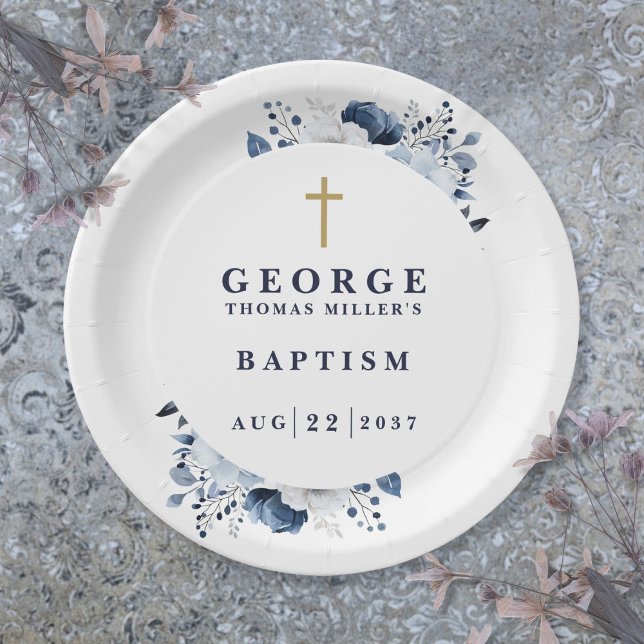 Assiettes En Carton Marine Bleu Botanique Moderne Baptême (Navy Blue Botanical Modern Baptism Paper Plates)
