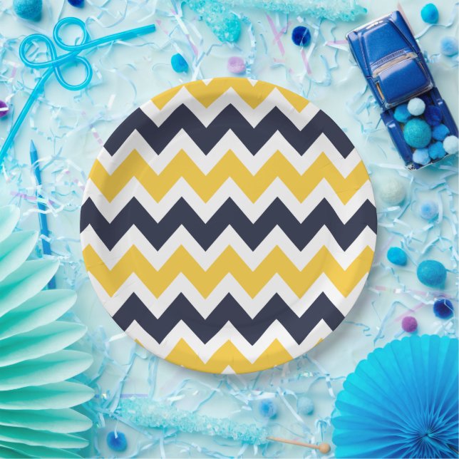 Assiettes En Carton Marine bleu et jaune Chevron (Fête)