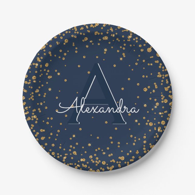 Assiettes En Carton Marine bleu et or Confetti Monogramme Anniversaire (Devant)