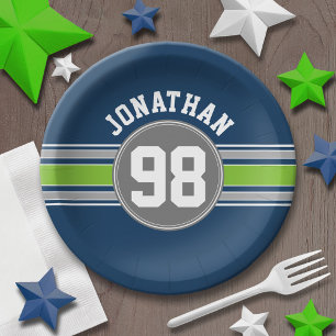 Assiettes En Carton Marine bleu Green Sports Jersey Grandes Nom Numér