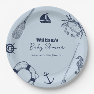 Assiettes En Carton Marine bleu moderne élégant Baby shower de garçon