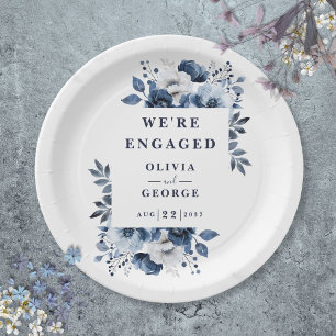 Assiettes En Carton Marine Bleu Pays Élégant Floral Engagement Party