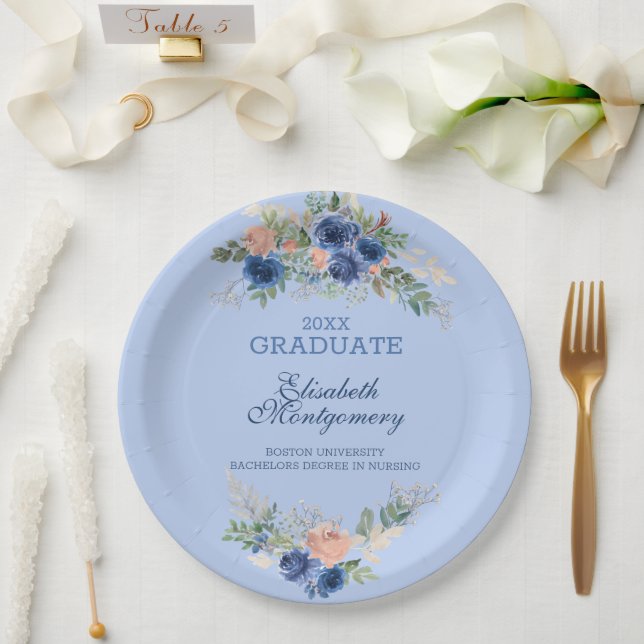 Assiettes En Carton Marine Blue Blush Rose Roses Boho Graduation (Mariage)
