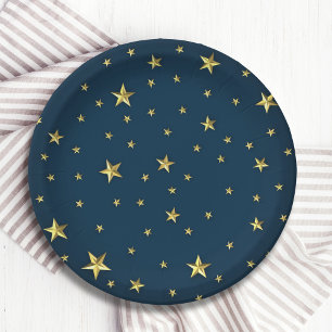 Assiettes En Carton Marine Blue Gold 3D Stars Style militaire