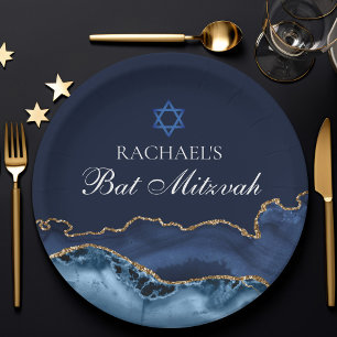 Assiettes En Carton Marine Blue Gold Agate Custom Bat mitzvah Party