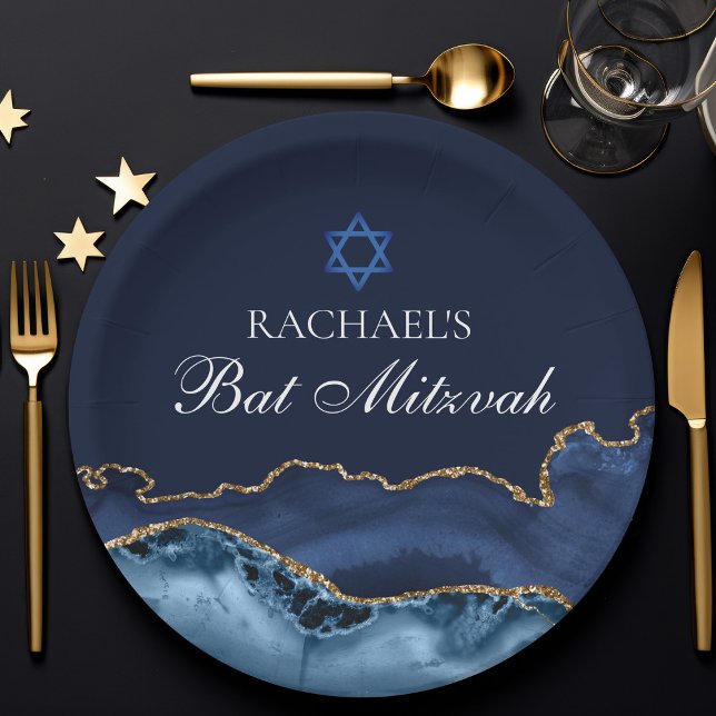 Assiettes En Carton Marine Blue Gold Agate Custom Bat mitzvah Party (Créateur téléchargé)
