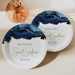 Assiettes En Carton Marine Blue Gold Agate Sweet 16 Anniversaire fête