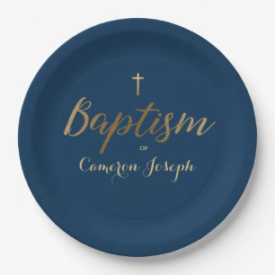 Assiettes En Carton Marine Blue Gold Cross Custom Baby boy Baptême
