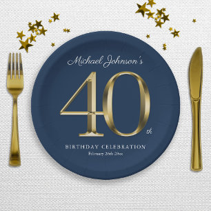 Assiettes En Carton Marine Blue Gold Custom 40e fête d'anniversaire