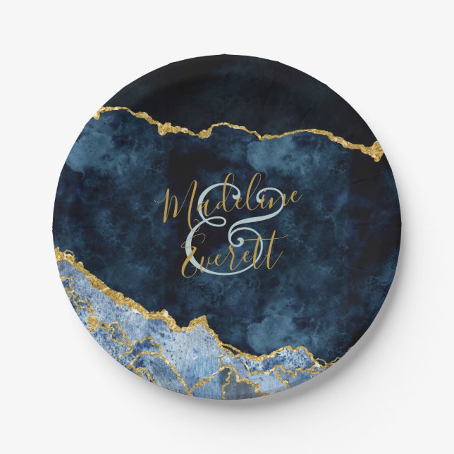 Assiettes En Carton Marine Blue Gold Foil Agate Marbre Mariage Monogra (Devant)