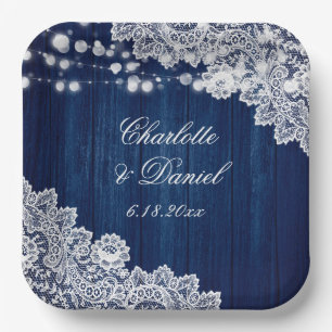 Assiettes En Carton Marine Blue Rustic Bois dentelle lumière Mariage