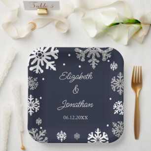Assiettes En Carton Marine Blue Snowflakes Mariage d'hiver