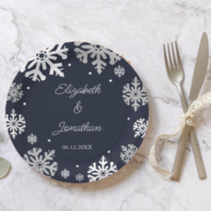 Assiettes En Carton Marine Blue Snowflakes Mariage d'hiver