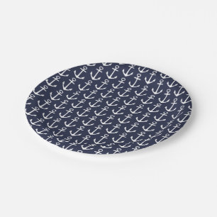 Assiettes En Carton Marine et Ancre nautique blanche