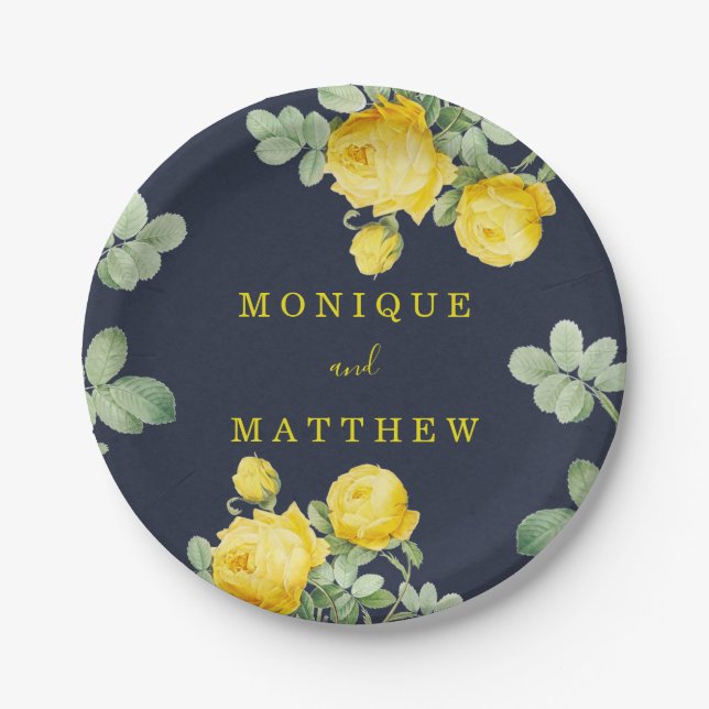 Assiettes En Carton Marine et Rose jaune Mariage romantique (Devant)