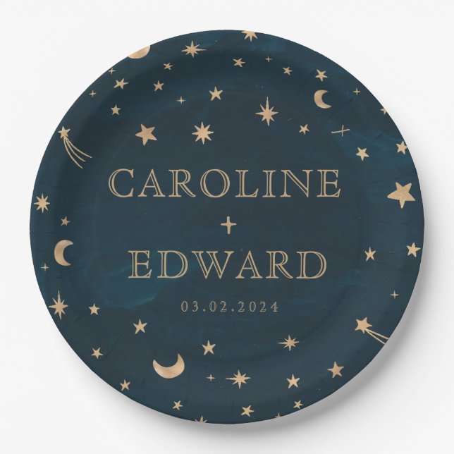 Assiettes En Carton Marine Mystical Gold Stars Mariage d'astronomie de (Devant)